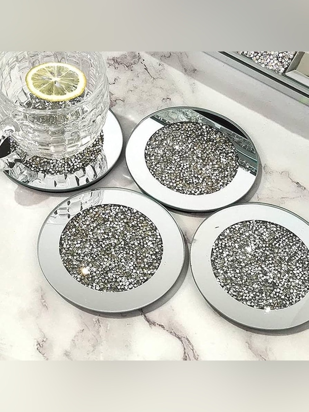 4 Pcs Glass Coasters Set, Mirror Design with Beveled Edges and Non Slip Back, f